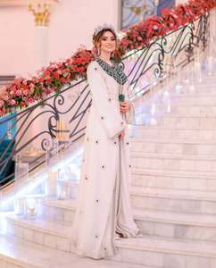 Caftan marocain fabriqué à la main pour femmes blanc d'oeuf avec broderie argentée accessoire de vêtements décontractés musulmans traditionnels-tailles XS XXL - Product Image 3