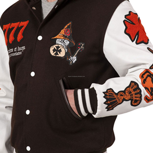 Veste universitaire unisexe en laine avec manches en cuir, fermeture éclair sur le devant, patchwork, style bomber de baseball, doublure matelassée, pour équipe - Product Image 5