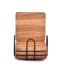 Juego de 4 posavasos cuadrados de madera con soporte de hierro para mesa de comedor Posavasos de barra de madera para mesa de centro/Cocina - Product Image 6