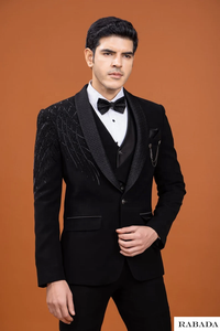 Traje de Etiqueta Azul Marino y Negro con Bordado a Mano de Diseñador, Chaqueta Jodhpuri Tradicional para Novio, Chaqueta India para Boda, Traje Masculino con Trabajo Zari - Product Image 5