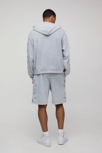 <b>Men's</b> OEM Fashion Hoodie Oversized Boxy <b>Short</b> <b>Zip</b> up Hooded Acid Wash Polyester / Cotton Hoodie and <b>Shorts</b> Set - Product Image 2