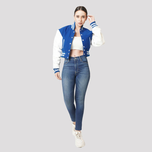 Chaqueta universitaria de lana azul de talla XL para mujer, Top corto con relleno de algodón inspirado en el baloncesto de béisbol, cuello levantado, tejido liso de invierno - Product Image 2