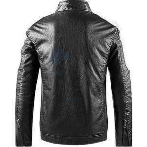Veste en cuir pour motard homme avec col montant, design bicolore, fermeture éclair intégrale, manteau décontracté d'automne, noir et blanc - Product Image 2