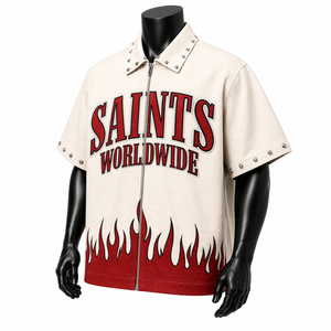 Custom Men’s Oversized Zipper <b>Shirt</b> Short Sleeve Boxy Fit Streetwear Studded Collar <b>Flame</b> Graphic <b>Shirt</b> OEM Wholesale - Product Image 3