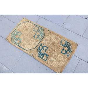 Vintage Turkish Rug, 1.5x3.1 ft Small Rug, <b>Brown</b> Blue Floral <b>Wool</b> Rug - Product Image 2