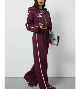 Conjunto Deportivo de 2 Piezas a Rayas para Mujer, Estilo Informal, Cintura Alta Elástica, Ropa Deportiva para Correr y Entrenar, Color Borgoña, Cierre de Cremallera - Product Image 5