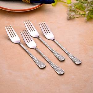 Silver Aura Mini <b>Dessert</b> <b>Forks</b> (Set of 4) Cute Metal and Wood Food Picks for Fruit Dinner & Home Use for Restaurant - Product Image 1