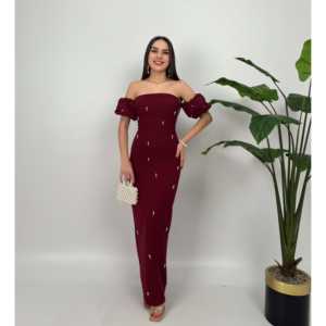 ชุดเดรสผ้าซาตินทรงเข้ารูป รุ่น 2125 ดีไซน์ประดับมุกด้านหน้า เอวทรงธรรมชาติ - Product Image 3