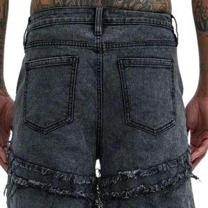 <b>Mens</b> <b>Black</b> Washed Denim <b>Shorts</b> Heavy Distressed Frayed Layered Detail Casual Streetwear Relaxed Fit Summer Fashion 100% Cotton - Product Image 4