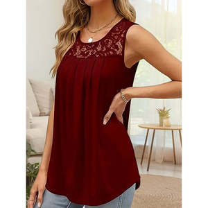 Women'<b>s</b> Strappy Round Neck Viscose <b>Blouse</b> with Lace Detail, 36853 - Burgundy - Product Image 3