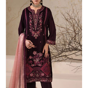 Increíble vestido de terciopelo al por mayor de lujo de color sólido elegante bordado de talla grande vestido de terciopelo suave ropa cultural nupcial a la venta - Product Image 3