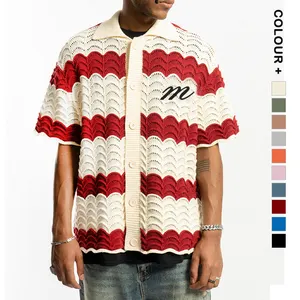 Cárdigan de manga corta para hombre de nuevo diseño, camiseta Polo de punto, suéter de punto de ganchillo con botones calados personalizados Unisex