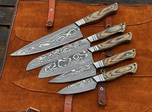 Handmade Damascus <b>Steel</b> 5-Piece Kitchen Set Carbon <b>Steel</b> Pure Leather Sheath Includes Chef Cleaver Bread Steak Fruit <b>Sharpening</b> - Product Image 5