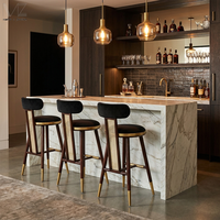 Chaise de bar en velours de luxe de style nordique, tabouret en rotin en bois massif, tabouret de bar moderne minimaliste pour comptoir de cuisine avec embouts en métal doré