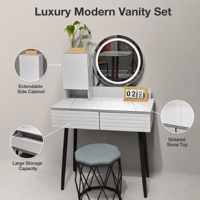 Coiffeuse moderne en verre avec miroir éclairé et armoire de rangement extensible, bureau de maquillage de luxe minimaliste, ensemble pour petite chambre