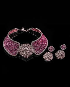Luxury Pink Sapphire and Diamond <b>Statement</b> <b>Necklace</b> & Earrings Set in White Gold - Product Image 2