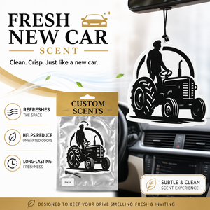Ambientador de coche de papel colgante de larga duración con diseño personalizado de tractor agrícola, con fragancia y bolsa de vacío de lámina plateada antievaporación - Product Image 5