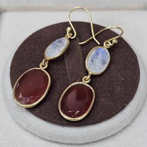 Pendientes colgantes chapados en oro natural de Plata de Ley 925 hechos a mano con piedras preciosas de Calcedonia rosa de corte ovalado Estilo clásico - Product Image 6