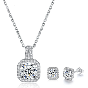 Conjunto de Collar y Pendientes de Moissanita de 1ct con Certificación GRA, Corte Redondo Plateado, para Compromiso, Estilo Starlit Glamour - Product Image 1