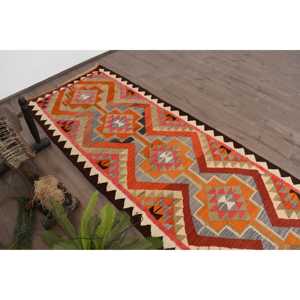 พรมคิลิมวินเทจ ขนาด 3x11.6 ฟุต สีแดงส้ม ลายต้นไม้และพืช พรมขนสัตว์ตุรกี - Product Image 5