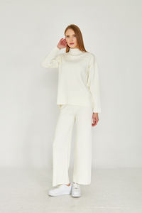 Conjunto de suéter y pantalón de punto de dos piezas para mujer, suéter de manga larga, cintura elástica, conjunto de punto de pierna ancha con estilo - Product Image 2