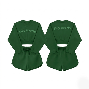 Ensemble sweat-shirt et short en molleton épais pour femme, noir, mélange de coton, logo personnalisé imprimé à chaud. - Product Image 5