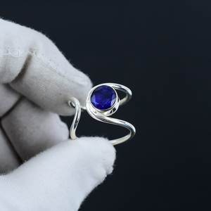 Colección moderna, Natural zafiro azul, bisel de corte facetado redondo, piedras preciosas, anillos ajustables de Plata de Ley 925 sólida, joyería fina - Product Image 2
