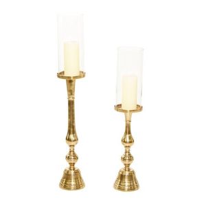Tall Gold Pillar Candle <b>Holder</b> Set of 2 with <b>Glass</b> Cover Elegant Metal Candle <b>Stand</b> Wedding Party Decorative Tabletop Decor - Product Image 1