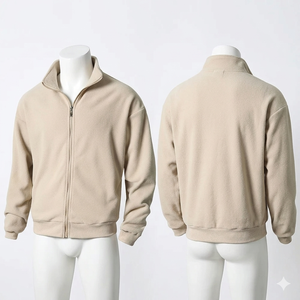 Veste de travail en polaire Teddy Sherpa Premium 450 GSM, crème avec bordure marine, logo personnalisé, fermeture éclair intégrale, hiver, randonnée, camping - Product Image 3