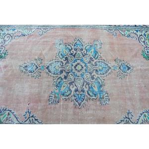 Alfombra Turca de 5.5x9.1 pies, Alfombra Vintage Grande, Alfombra de Lana Sólida Azul y Rosa - Product Image 5