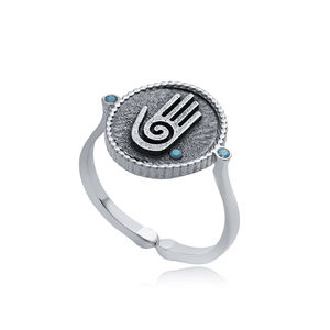 Anillo Ajustable Chapado en Oro Vintage con Símbolo Hamsa y Piedra Turquesa CZ, Hecho a Mano en Turquía, para Bodas, Aniversarios y Fiestas, Plata de Ley 925 - Product Image 4