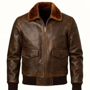 Premium Quality Men's Distressed Brown <b>Sheepskin</b> Leather Bomber Aviator Flight <b>Jacket</b> with Fur Collar And Ribbed Cuffs and Hem - Product Image 1