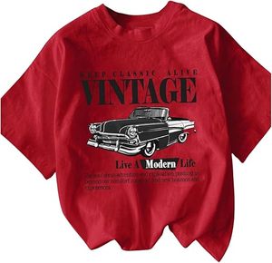 Camiseta de mujer con estampado gráfico de letras, cuello redondo, hombros caídos, estilo moderno de verano, manga corta, top con estampado de coche vintage - Product Image 2