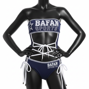 Conjunto de bikini premium de poliéster y spandex, tela elástica azul marino, paneles laterales de malla, diseño con cordones, logotipo con transferencia térmica, conjunto de bikini para mujer. - Product Image 4