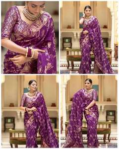 Saree original en tissu de soie pure tissée d'or avec une belle blouse de course vêtements indiens et pakistanais travail de tissage lourd - Product Image 2