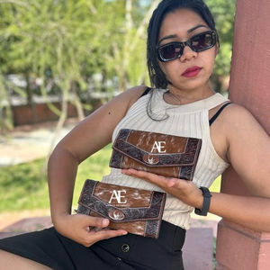 Hand Tooled Carving Wallet Clutch <b>Phone</b> Case Stylish Cowhide Fur Wallet Multi Uses Western Leather Wallets - Product Image 1