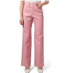 Streetwear Red Color Waistband High Waist Pu Faux Leather Ladies Wide Leg <b>Pants</b> Loose Women Trouser With Zipper - Product Image 3