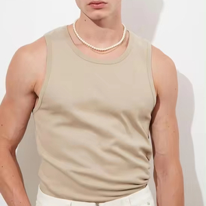 Débardeur Sportif Long Oversize en Coton Tricoté Teint en Fil, Design Vierge de Haute Qualité, Beige, pour Hommes, Vente en Gros Personnalisée, Style Streetwear - Product Image 1