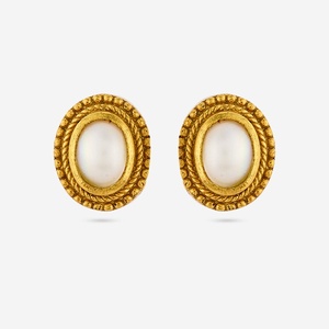 <b>Silver</b> Temple Vintage Trendy Religious <b>Stud</b> and Hoop Earrings 162785 Stainless Steel Brass with Pearl Bezel Setting Hook Shape - Product Image 5