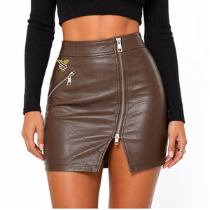 Mini-jupe asymétrique en similicuir taille haute avec fermeture éclair décorative pour femme, style club sexy, couleur unie, aspect brillant - Product Image 1