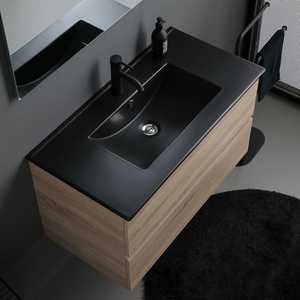 Mueble de Baño de 90 cm con 2 Cajones de Roble, Lavabo Negro, Espejo de 90x70 y Lámpara Belize, Conjunto de Baño Elegante - Product Image 4