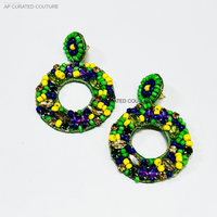 Boucles d'oreilles géométriques bohèmes en perles de rocaille pour le Mardi Gras, design personnalisé, faites à la main, accessoires de déclaration scintillants pour les fêtes de la Nouvelle-Orléans