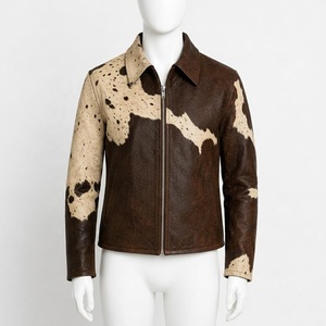 Chaqueta de Motero para Hombre, de Cuero Genuino con Patrón de Piel de Vaca, Cuello Camisero, Cierre de Cremallera, Corte Regular, Estilo Casual para Otoño - Product Image 1