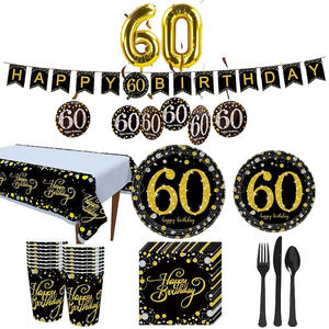 Servilletas de platos de papel desechables, color negro y dorado, vasos, mantel, tenedores, cuchillos y cucharas, suministros para fiesta de cumpleaños de 60 años - Product Image 1