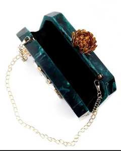 คลัทช์เรซิ่นสีงาช้างหรูหราพร้อมที่จับดอกไม้โลหะสำหรับตกแต่งกระเป๋าเงินทำด้วยมือสำหรับงานแต่งงานงานเลี้ยงและงานราตรี - Product Image 2