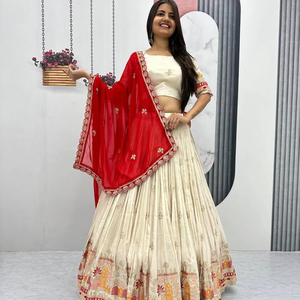 Lehenga choli ผ้าทิชชูแท้สีครีมมีลายปักสีแดงสำหรับผู้หญิงชุดปาร์ตี้ - Product Image 3