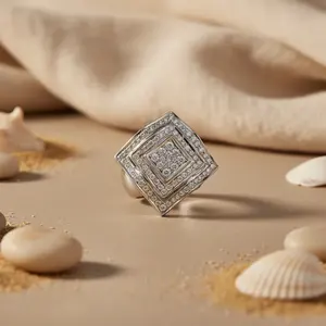 Women's Trendy <b>Silver</b> Cubic Zirconia <b>Statement</b> <b>Ring</b> 18K Rose Gold Plated Adjustable Inlay Geometric Shape Perfect Gift Jewelry - Product Image 2