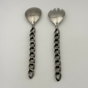Ensemble de 2 serveurs à salade élégants en acier inoxydable argenté vintage, design minimaliste artisanal, couverts parfaits comme cadeau unique - Product Image 5