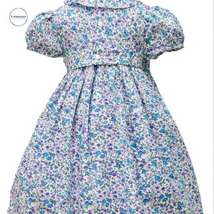 Hermoso vestido azul floral Smocked Liberty Vestido de algodón-Ropa de calidad para niñas, vestidos para niñas, ropa para niños - Product Image 2
