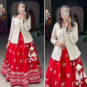เสื้อเบลาส์ lehenga เย็บเต็มพร้อมแจ็กเก็ตปักลายทำงานผ้าฝ้ายแท้ผสมสีสวย - Product Image 4